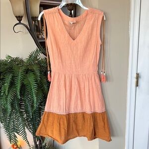 NWOT Mata Traders Peach & Brown Colorblock Sleeveless V-Neck Dress 100% Cotton
